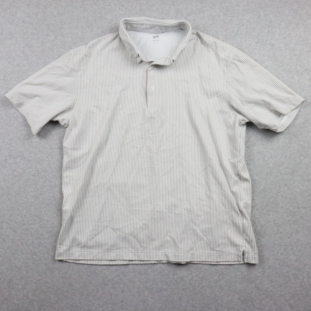 Uniqlo Polo Shirt Mens Large AIRism Casual Knit White Beige Striped Short Sleeve